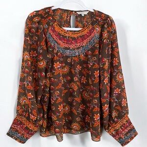 Anthropologie Ranna Gill Montrose Embroidered Boho Semi Sheer Peasant Blouse Med